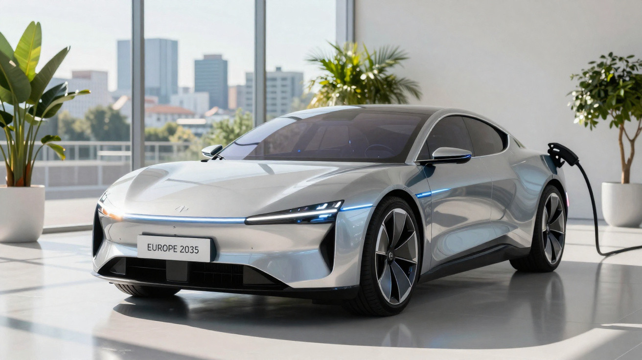 Moderner silberner Elektro-Sportwagen lädt in hellem Showroom mit Stadtblick im Hintergrund.