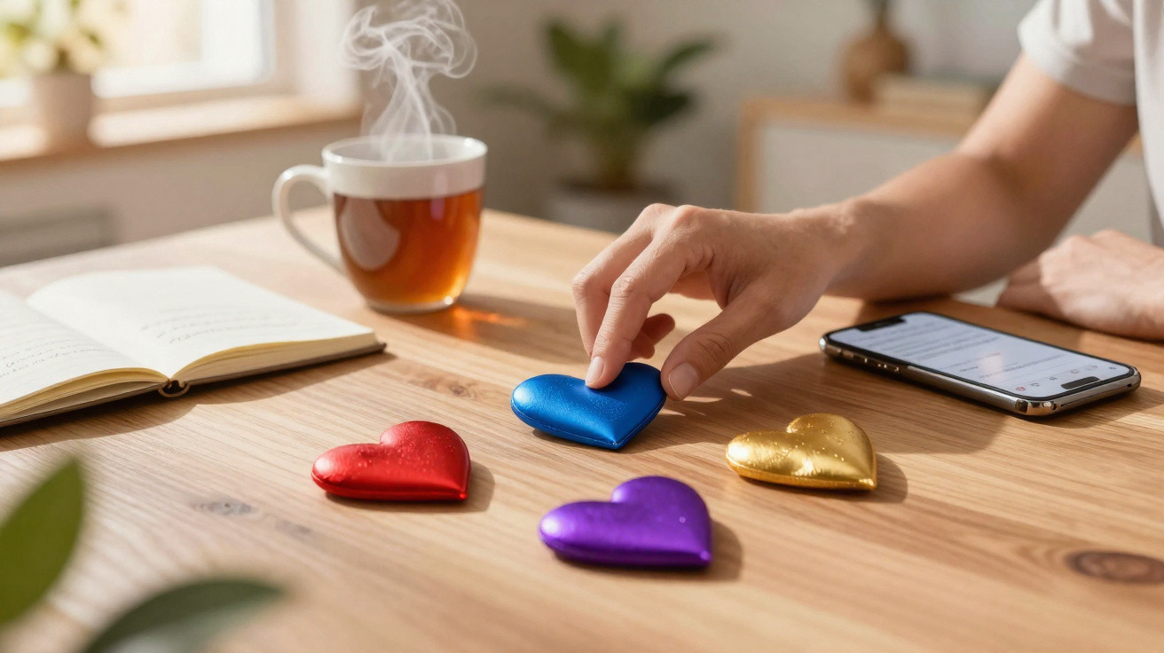 Hand berührt blaues Herz aus Schokolade auf Holztisch mit roten, goldenen und violetten Herzen, Smartphone, Buch und dampfend