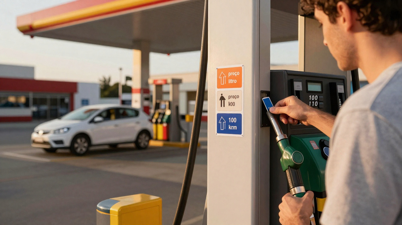 Mann tankt Auto an grüner Zapfsäule mit kontaktlosem Kartenzahlgerät an der Tankstelle.