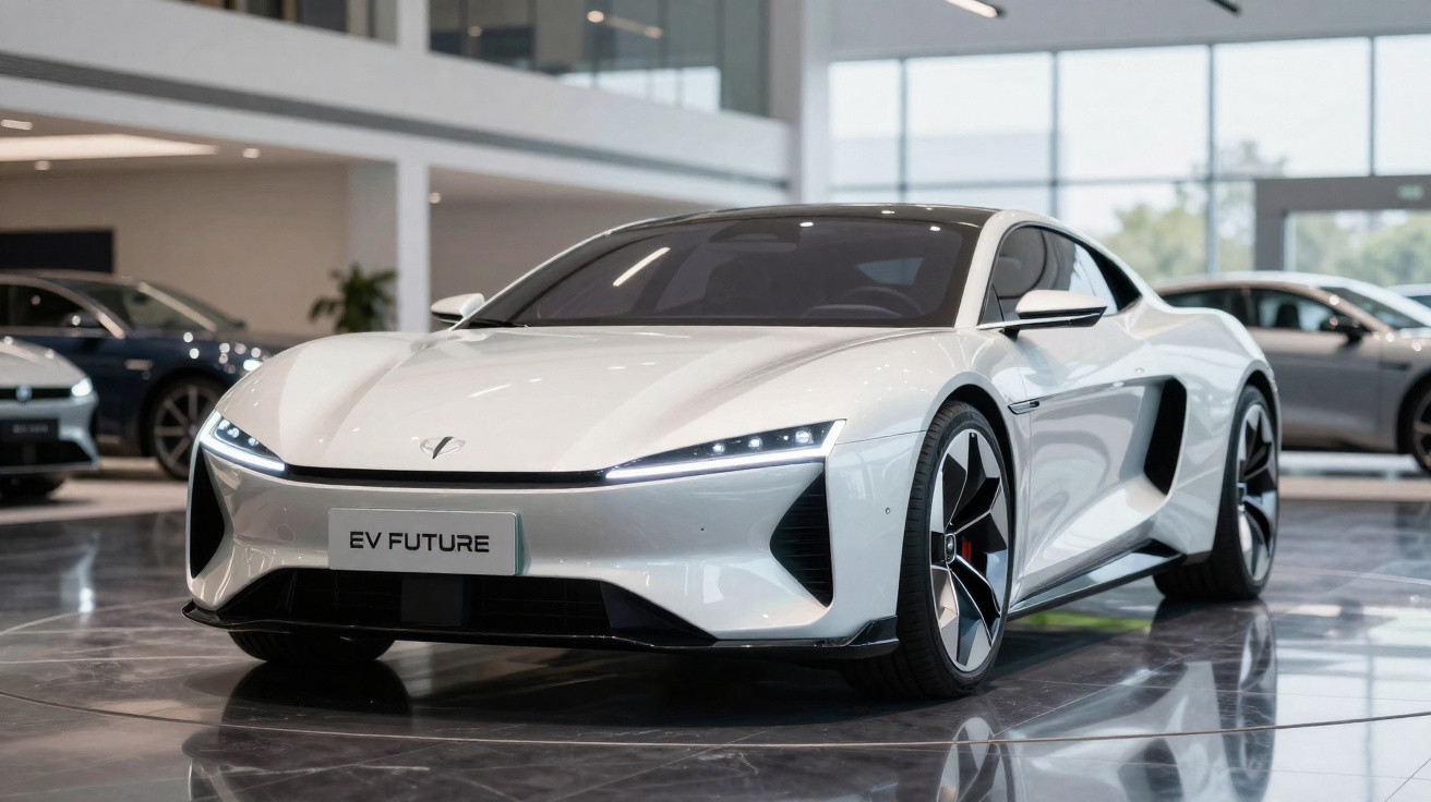 Weißer Elektro-Sportwagen mit futuristischem Design und LED-Scheinwerfern in hellem Autohaus