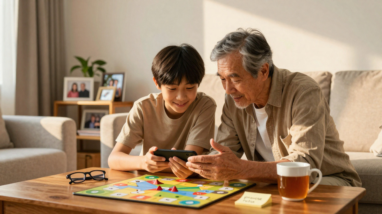Großvater und Enkel spielen gemeinsam ein Brettspiel und schauen auf ein Smartphone am Wohnzimmertisch.