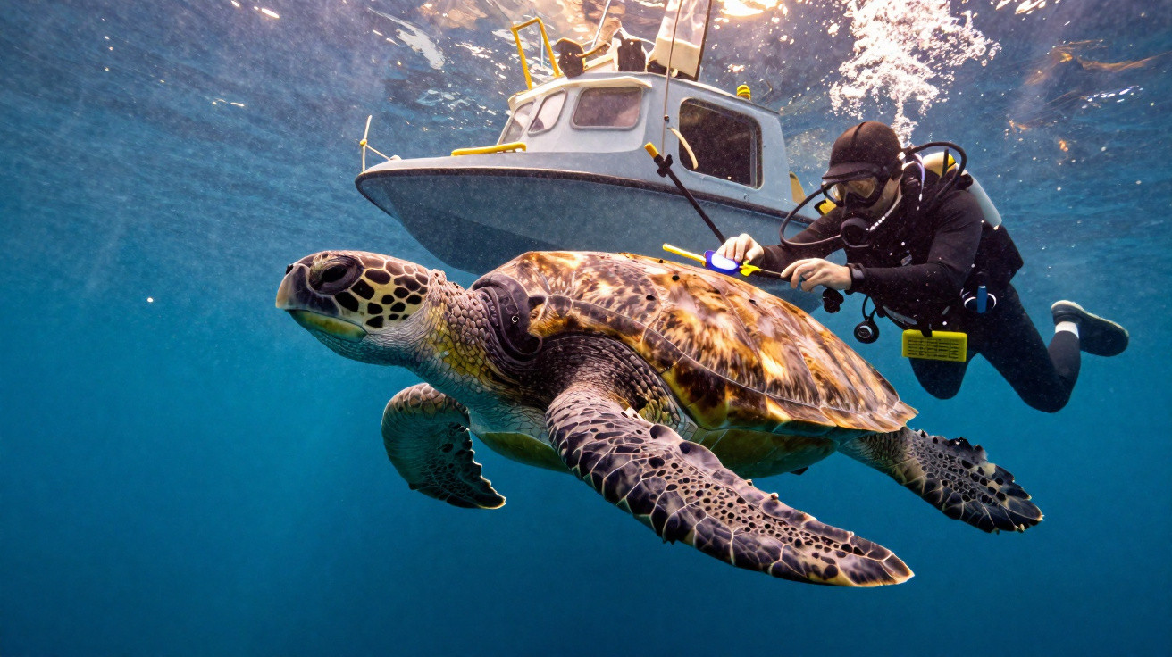 Taucher reinigt Panzer einer Meeresschildkröte unter Wasser, kleines Boot im Hintergrund.