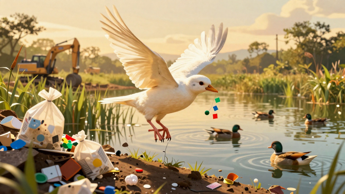 Weiße Ente fliegt mit Plastikmüll im Schnabel über verschmutztem See mit Enten und Bagger im Hintergrund.