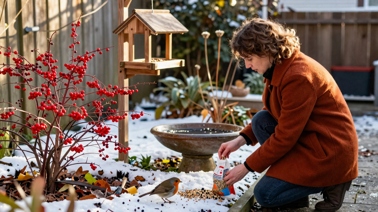 Frau im Winter füttert Vögel im Garten mit Samen nahe Vogeltränke und roten Beeren.