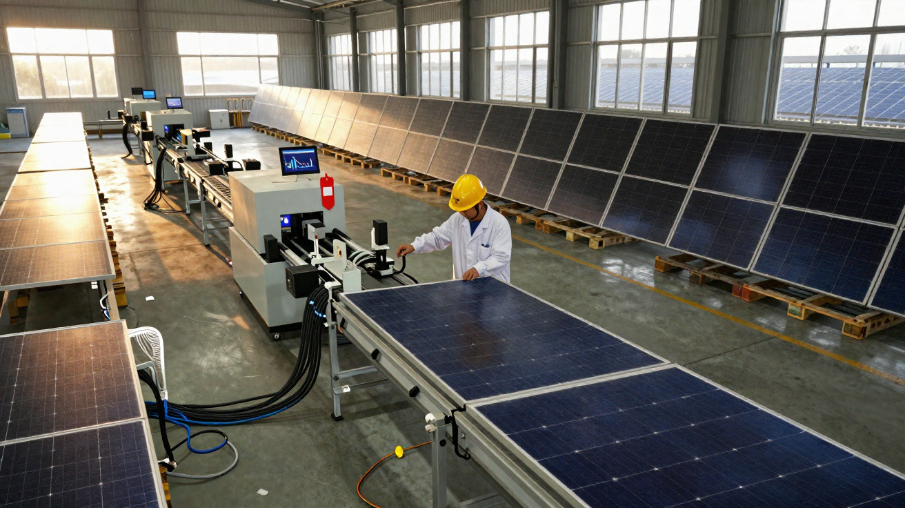 Mitarbeiter mit Schutzhelm prüft Solarmodule in einer hellen Fabrikhalle mit vielen Paneilen auf Paletten.