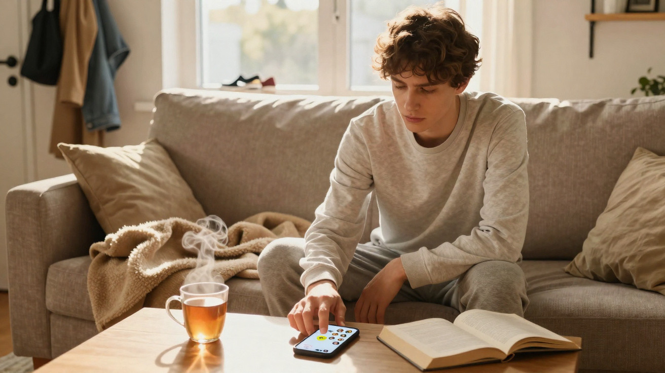 Junger Mann sitzt auf Sofa, nutzt Smartphone, vor ihm dampft eine Tasse Tee, ein aufgeschlagenes Buch liegt auf dem Tisch.