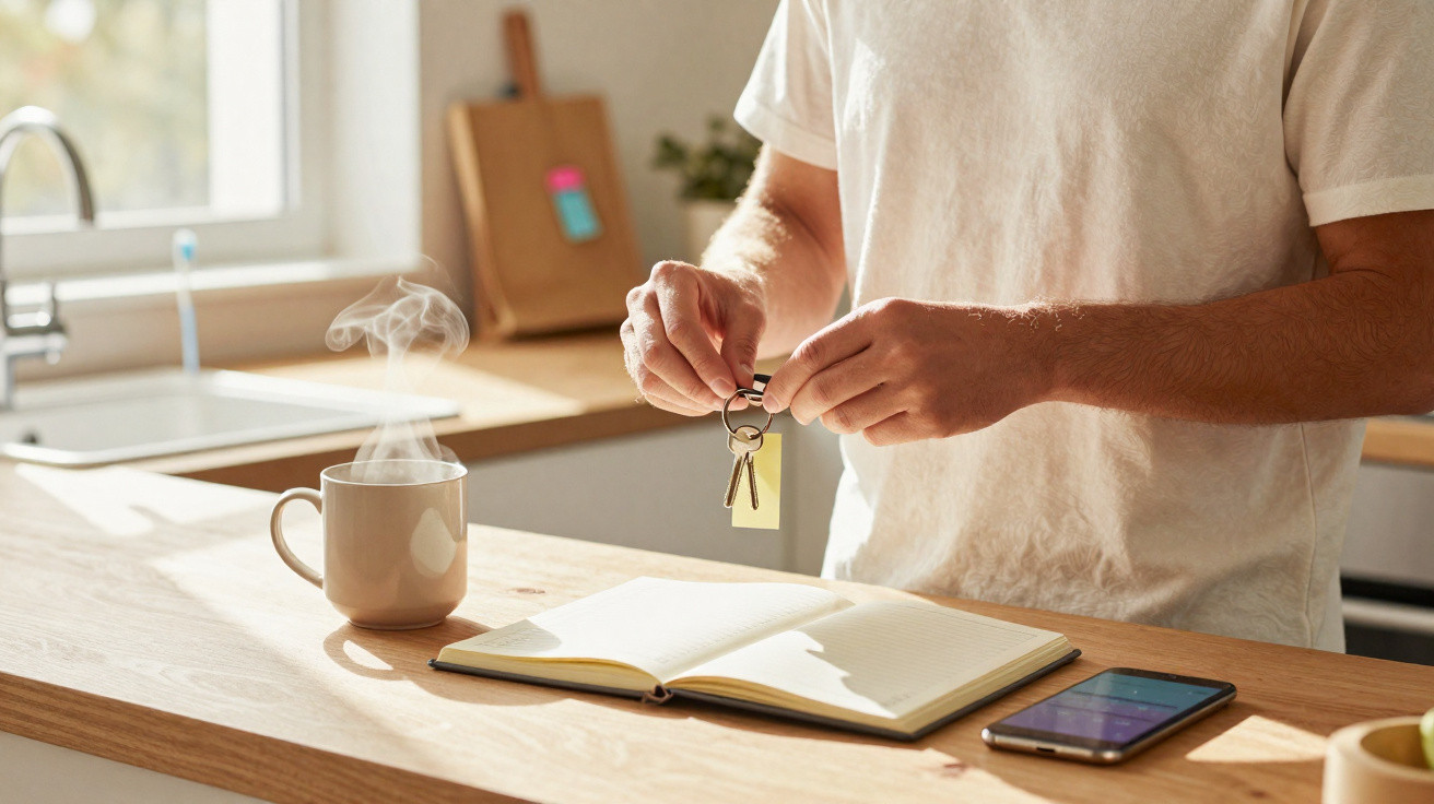 Mann steht an Küchentheke, hält Schlüssel in der Hand, daneben offenes Notizbuch, dampfende Tasse und Handy.
