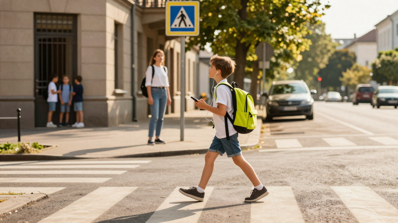 Junge mit grünem Rucksack überquert bei Fußgängerampel die Straße, während andere Kinder warten.