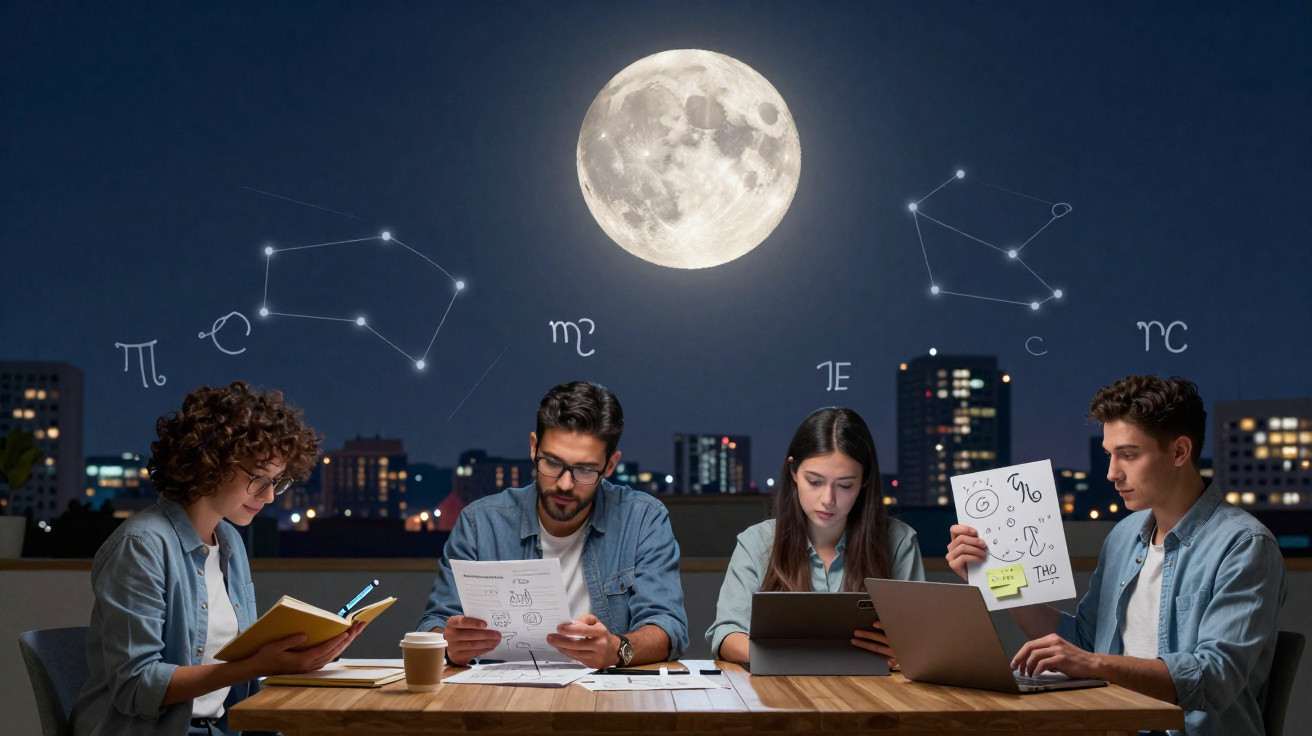 Vier Personen arbeiten nachts am Tisch unter Vollmond und Sternbildern, mit Stadtlichtern im Hintergrund.