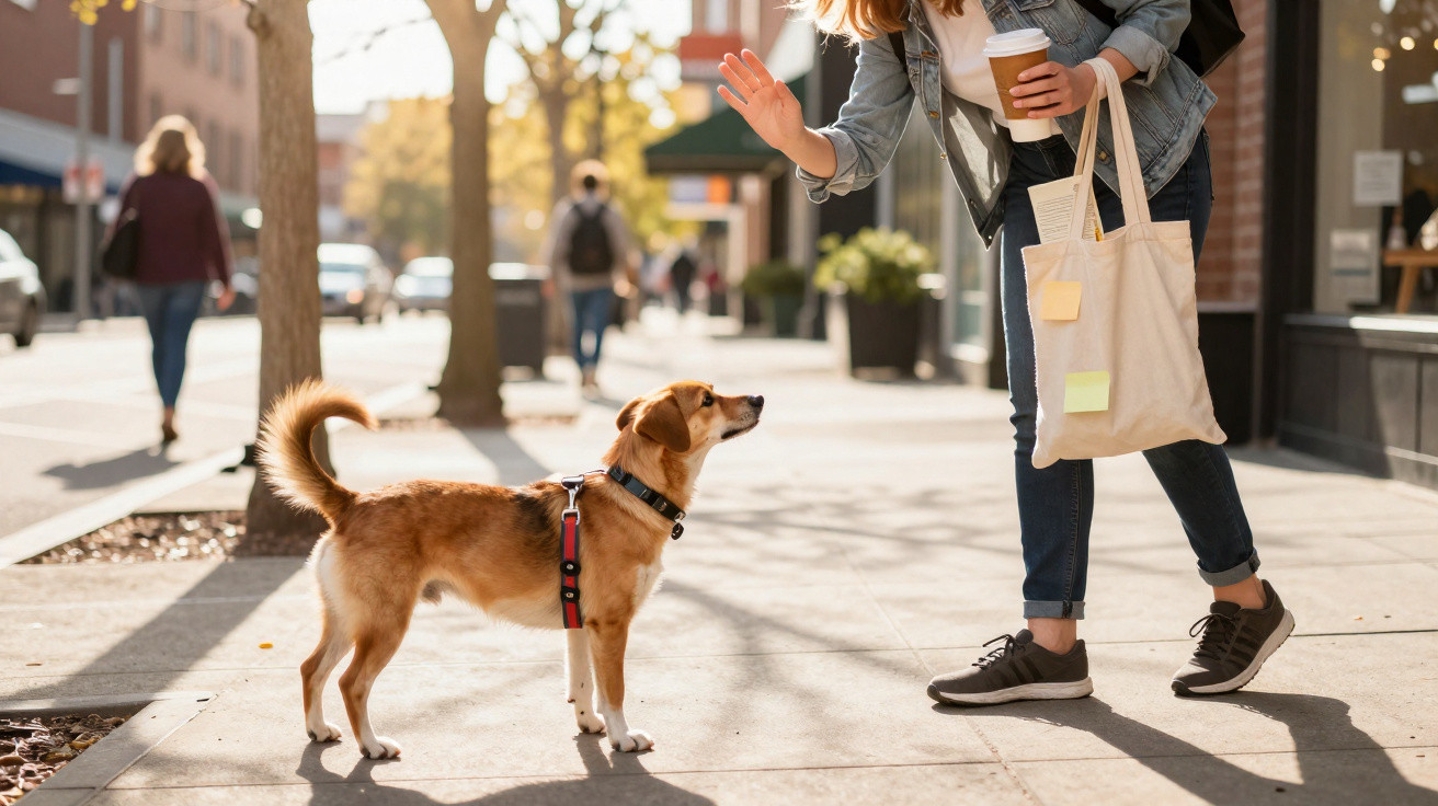 Frau begrüßt auf Bürgersteig einen angeleinten Hund, sie hält Coffee-to-go-Becher und Stofftasche.