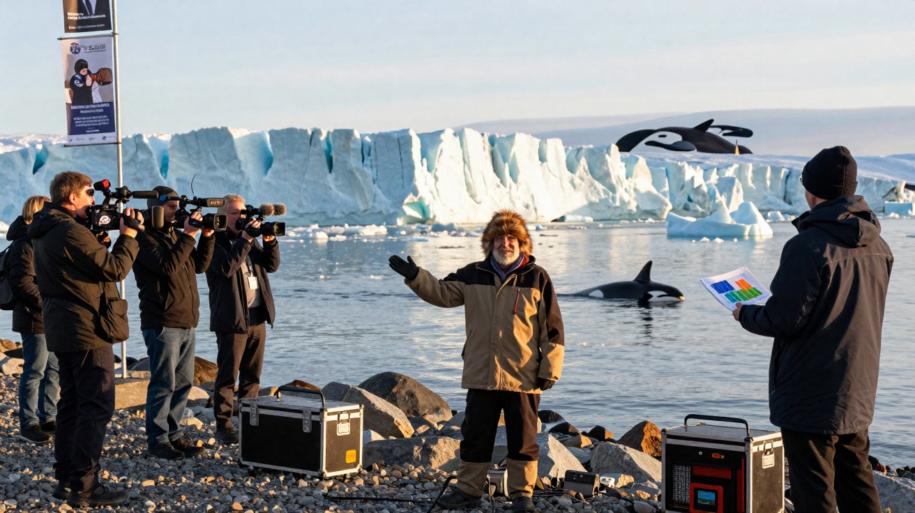 Filmteam filmt Forscher vor Gletscher mit zwei Orcas in arktischer Küstenlandschaft.