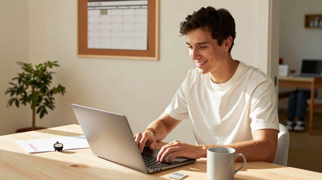 Junger Mann arbeitet lächelnd an einem Laptop an einem hellen Holztisch mit Tasse und Kalender im Hintergrund.