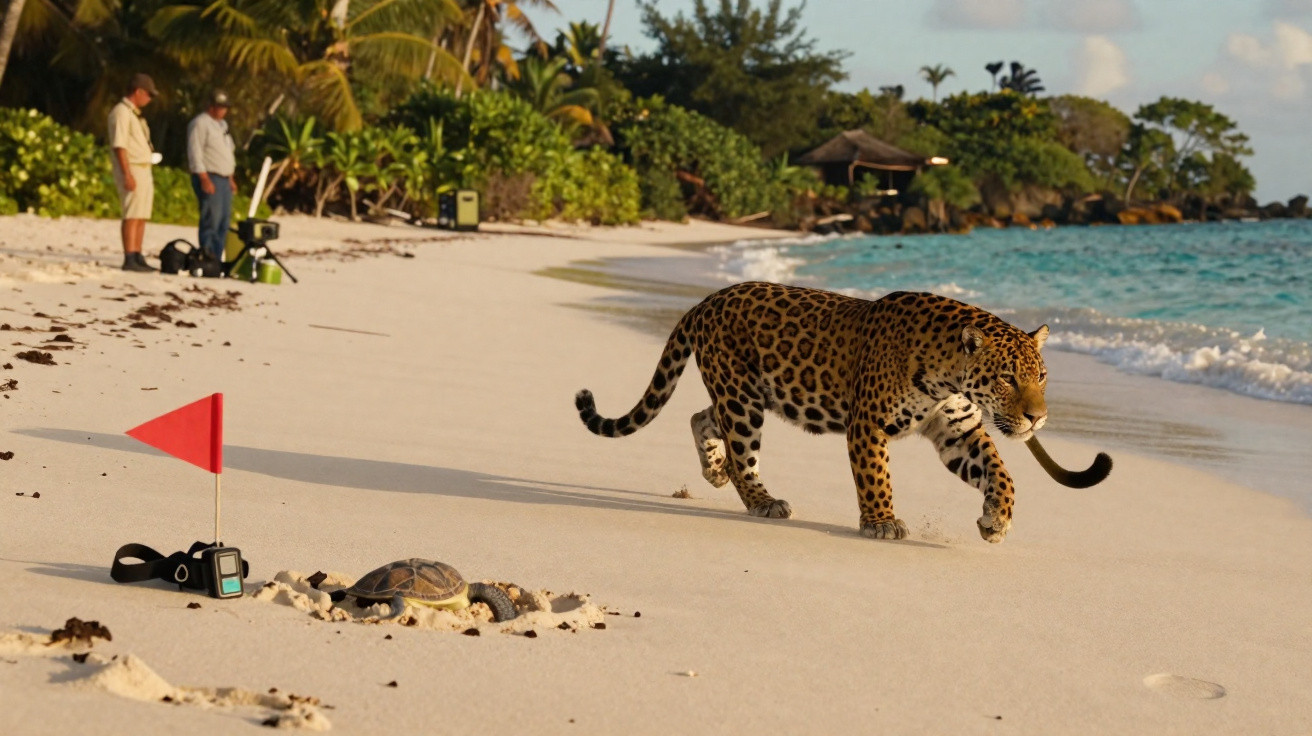 Jaguar läuft am Strand entlang, neben einer Schildkröte beim Sandnest und zwei beobachtenden Personen.