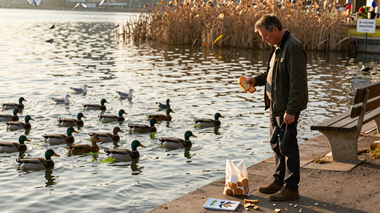 Mann füttert Enten mit Brot am Ufer eines Sees bei sonnigem Wetter neben einer Parkbank.