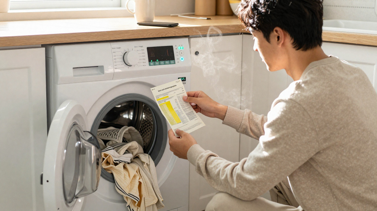 Mann liest Bedienungsanleitung vor geöffneter Waschmaschine mit Wäsche in moderner Küche.