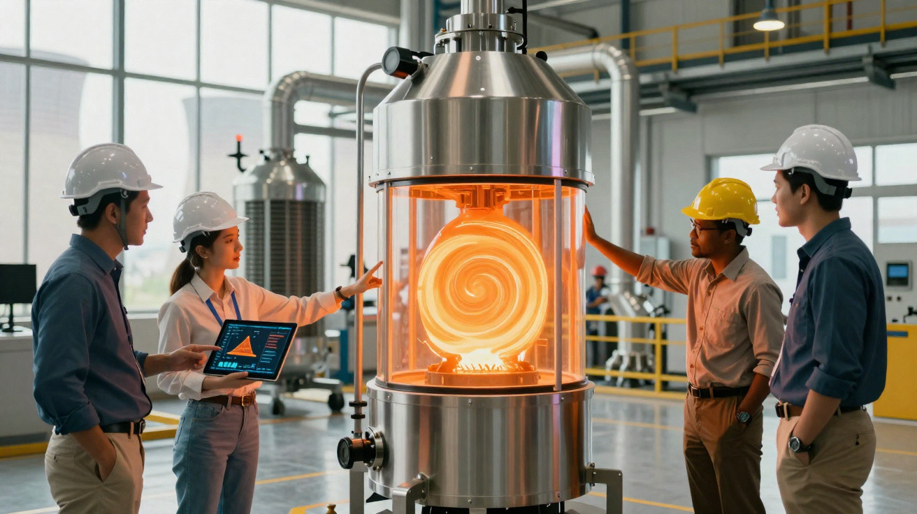 Vier Ingenieure mit Schutzhelmen beobachten in moderner Fabrik eine erhitzte Spirale in großem Metallgerät.