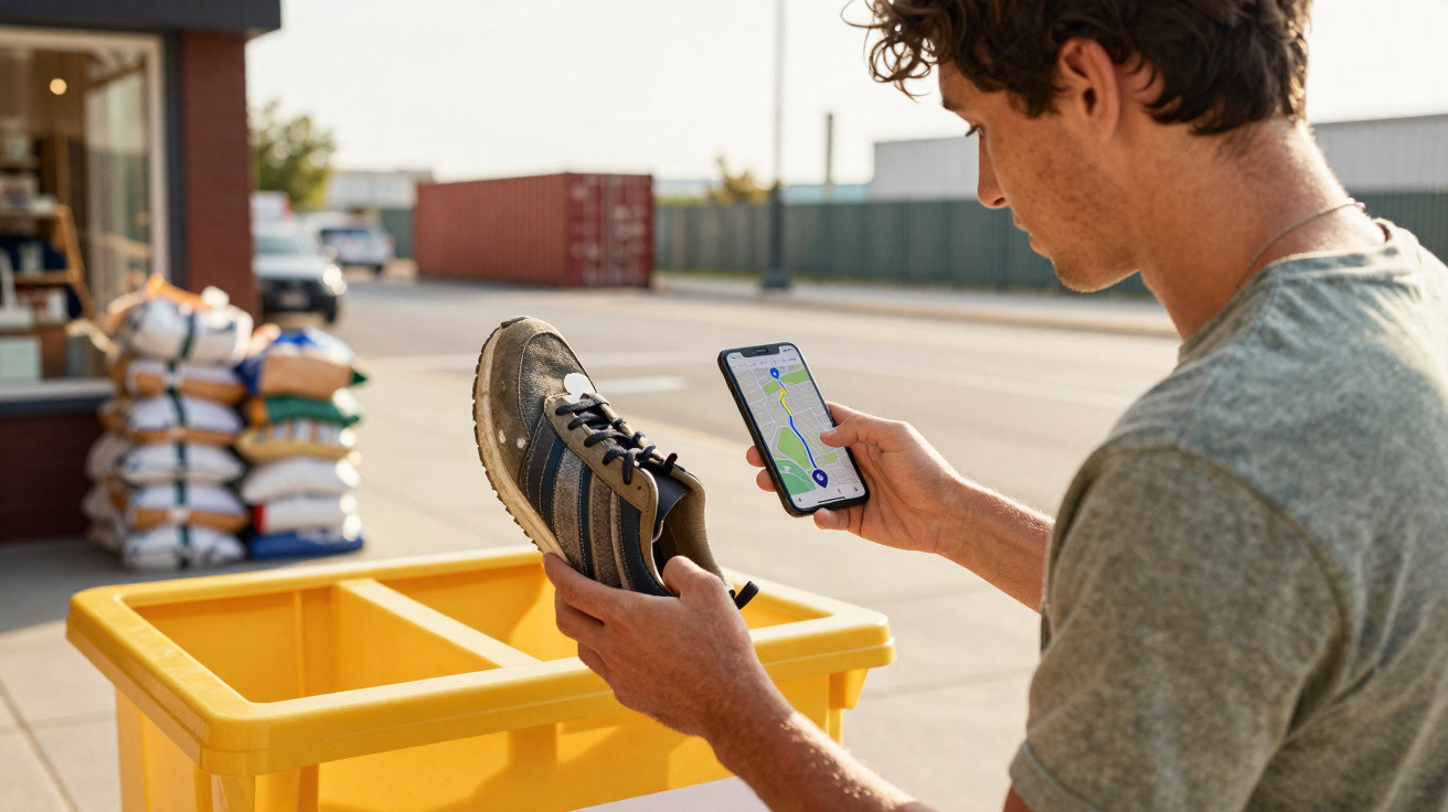 Mann hält Schuh und Smartphone mit Navigationskarte vor gelbem Behälter im Freien.