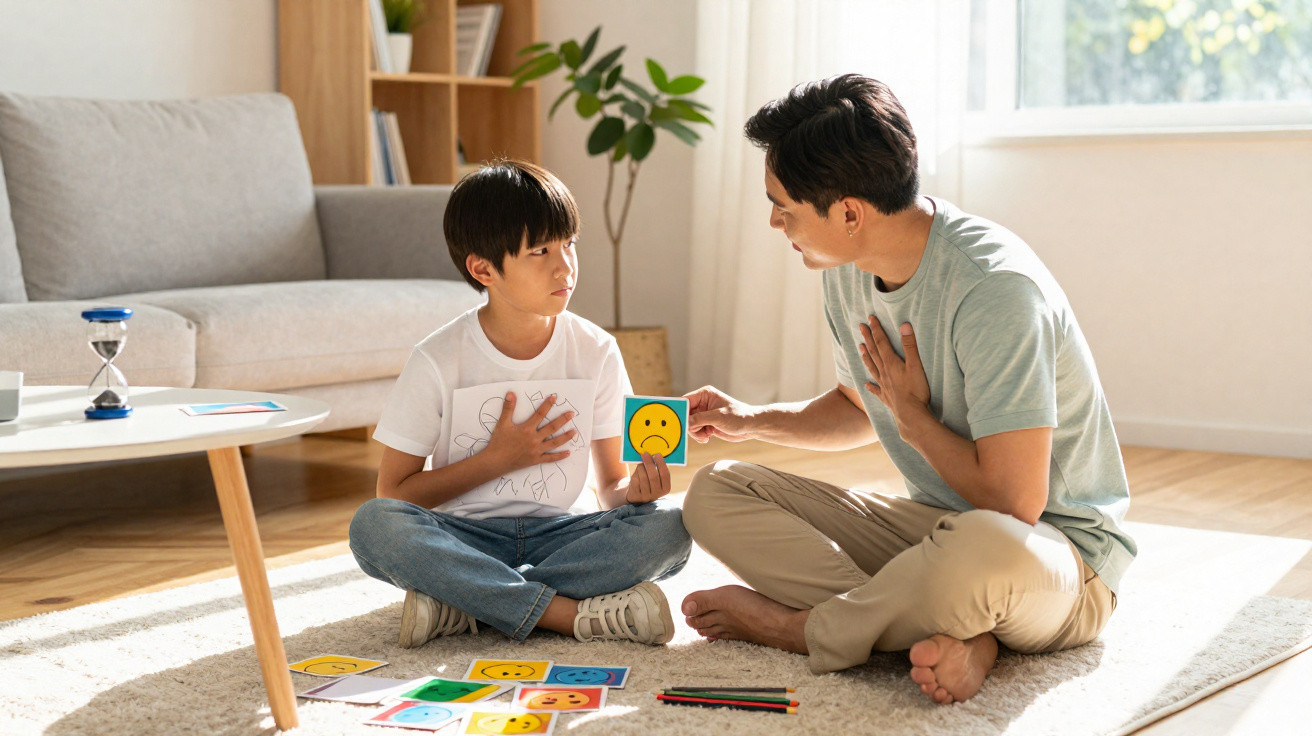 Vater und Sohn sitzen auf dem Boden und besprechen Gefühle mit Emoticon-Karten in hellem Wohnzimmer.