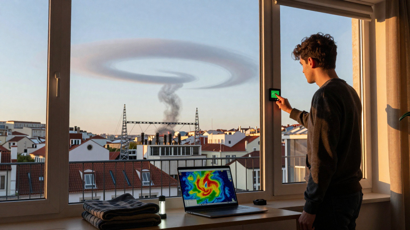 Mann am Fenster steuert Gerät, draußen Wirbelwolke über Häusern mit Laptop und Wetterradar auf dem Tisch.