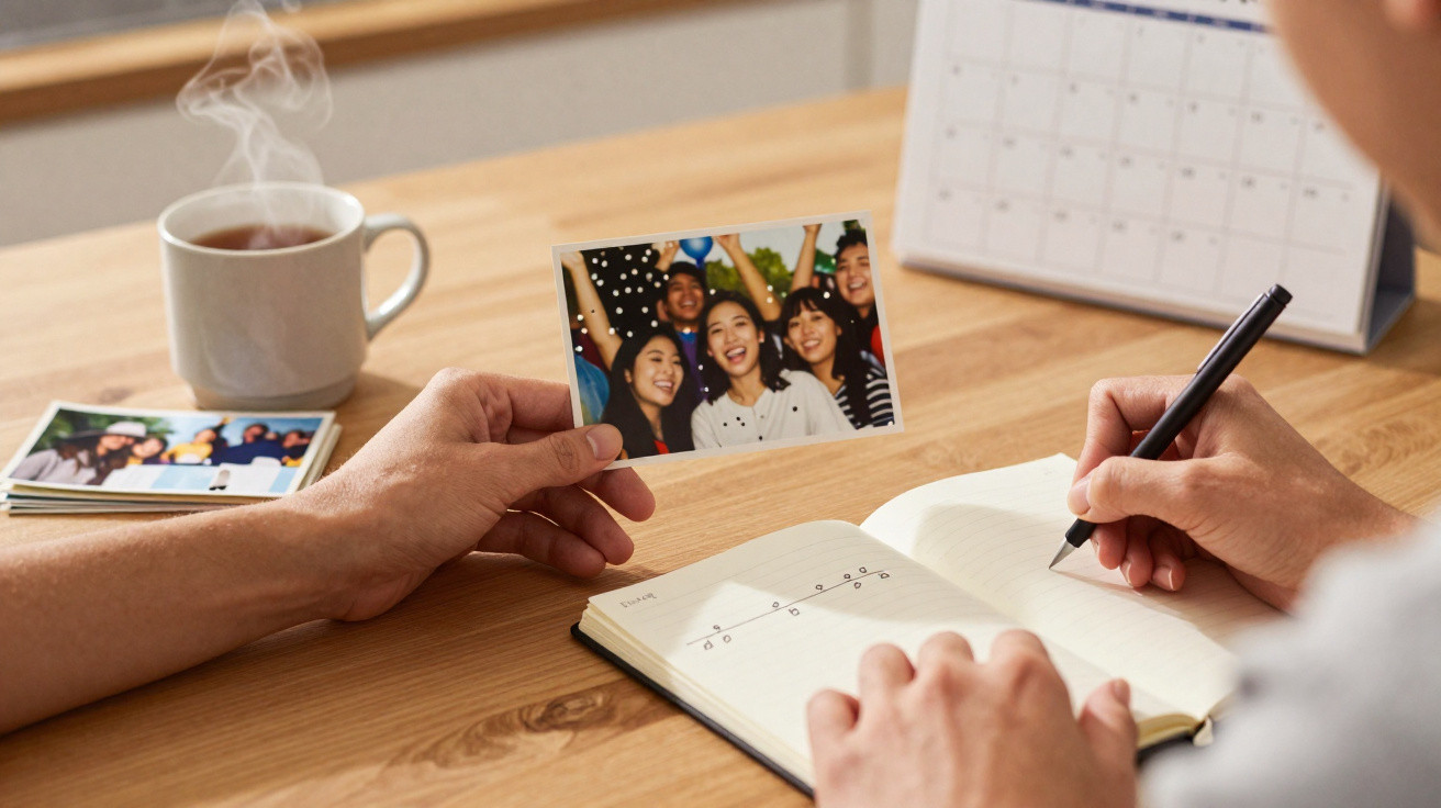 Person hält Foto von Freunden, schreibt in Notizbuch, dampfende Tasse und Kalender auf Holztisch sichtbar.