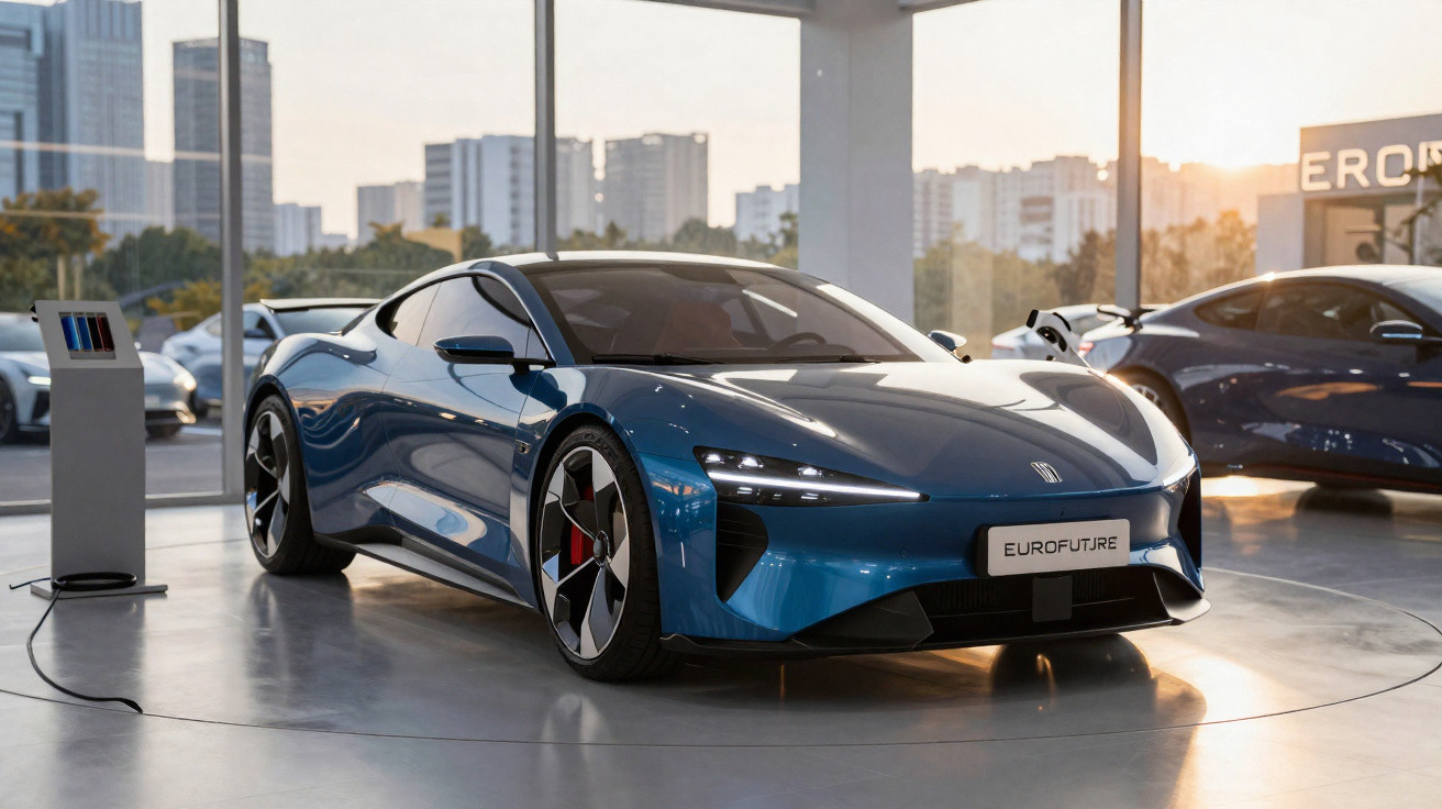 Blauer futuristischer Sportwagen in einem hellen Autohaus mit Stadtblick im Hintergrund.