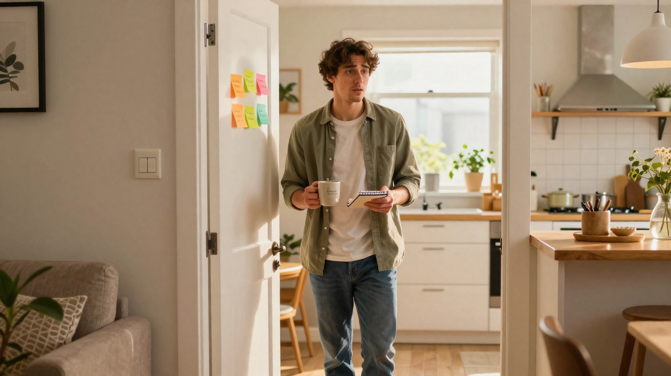 Junger Mann mit Kaffeetasse und Notizbuch steht in heller Wohnung zwischen Wohnzimmer und Küche.