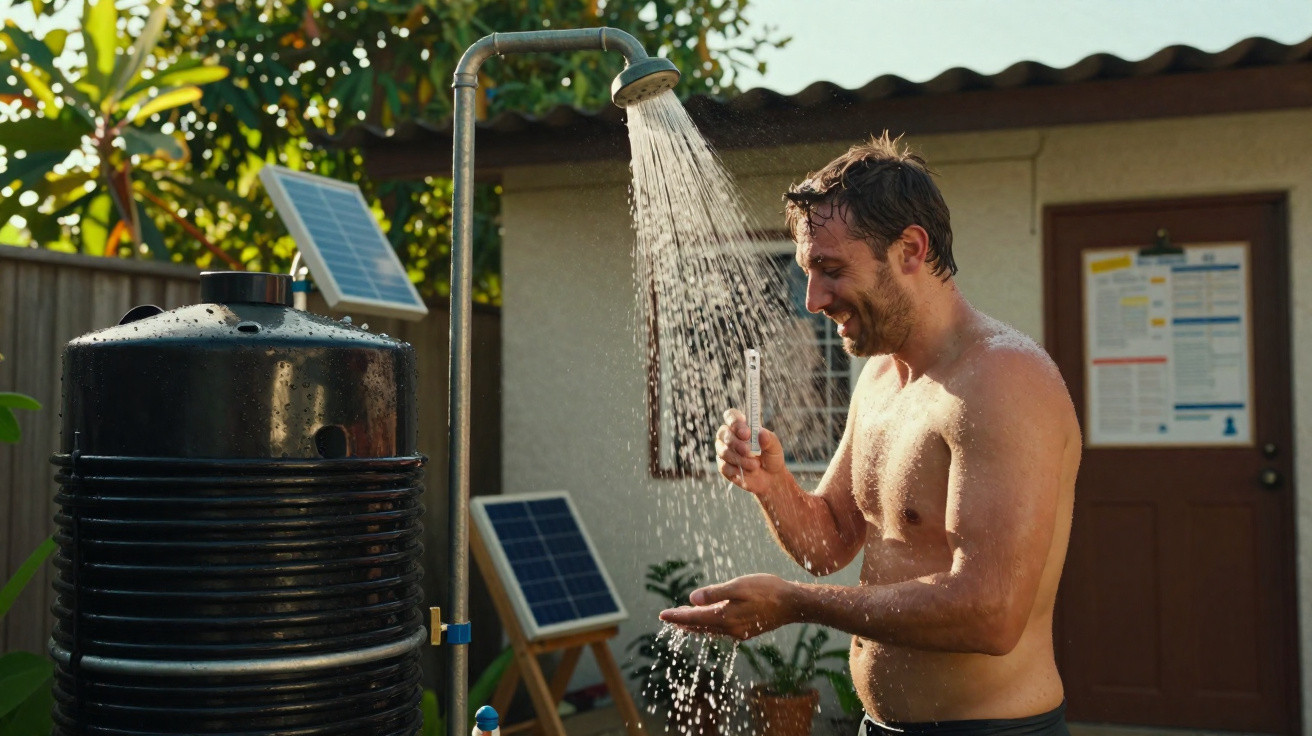 Mann duscht im Freien mit solarbetriebenem Duschsystem neben Wasserbehälter und Solarpaneelen.
