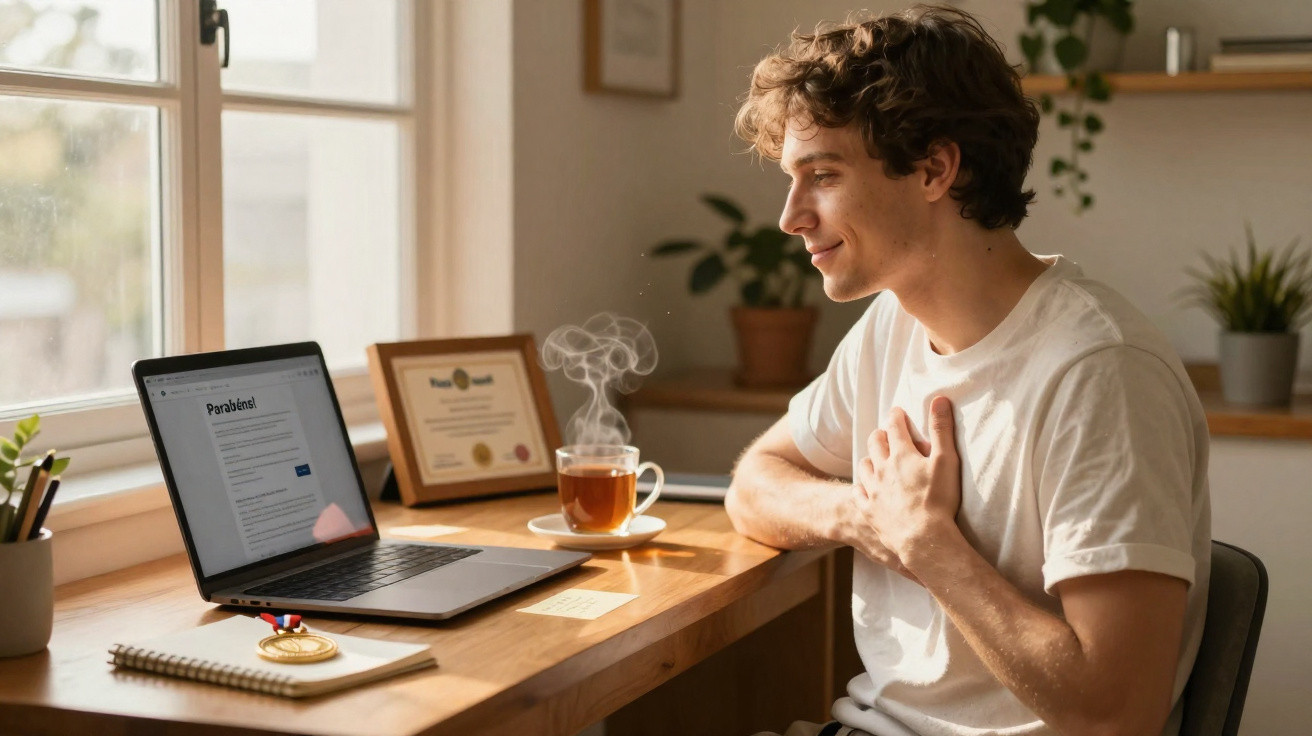 Junger Mann sitzt am Schreibtisch, lächelt auf Laptopbildschirm, dampfender Tee steht neben ihm.