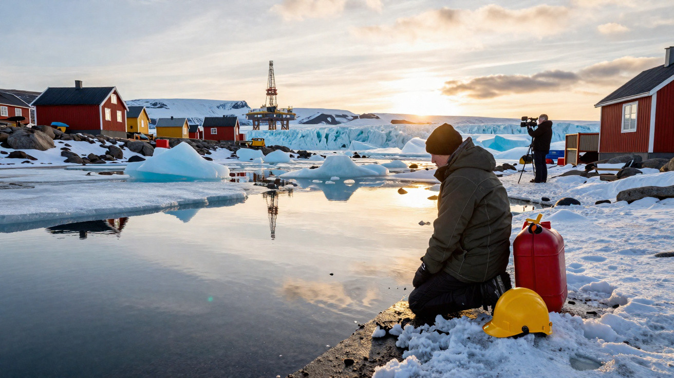 Mann kniet am zugefrorenen Hafen, Fotograf im Hintergrund, bunte Häuser und Eisberge bei Sonnenuntergang.