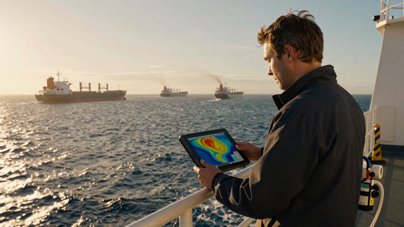 Mann auf Schiff nutzt Tablet mit Wärmebild, im Hintergrund mehrere Frachtschiffe auf dem Meer bei Sonnenuntergang.