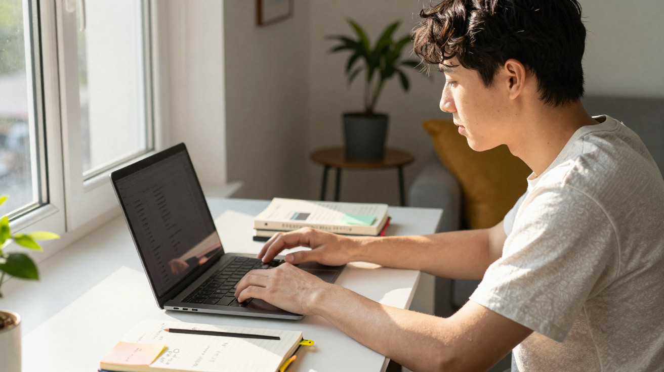 Junger Mann sitzt am Fenster und arbeitet konzentriert an seinem Laptop am Schreibtisch.