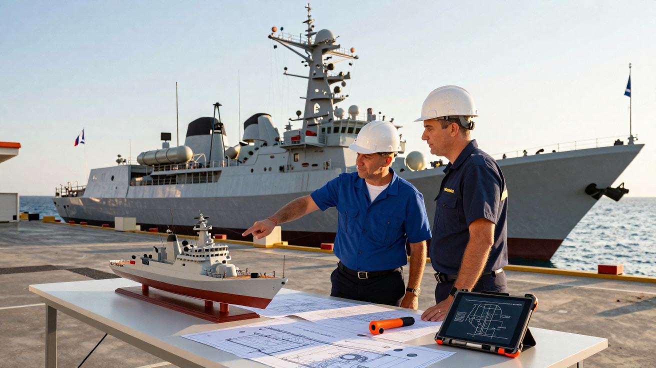 Zwei Männer mit Schutzhelmen besprechen Schiffsentwürfe und Schiffmodell am Hafen vor Kriegsschiff im Hintergrund.