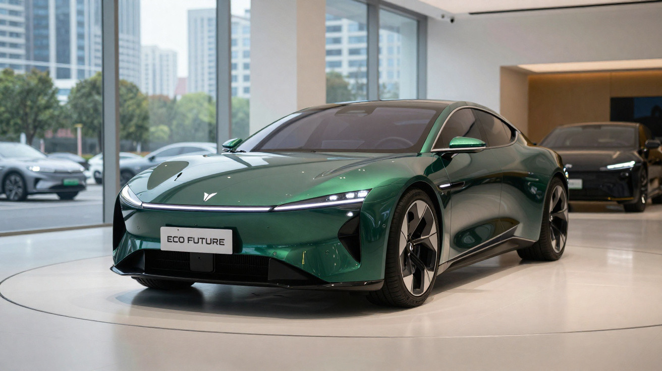 Grünes Elektroauto mit moderner Form im Showroom vor großen Fenstern und Stadtgebäuden im Hintergrund