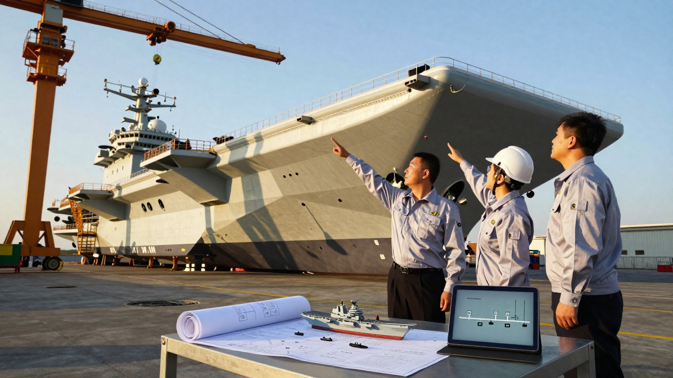 Drei Ingenieure besprechen Schiffsentwurf vor großem Flugzeugträger im Hafen bei Sonnenuntergang.