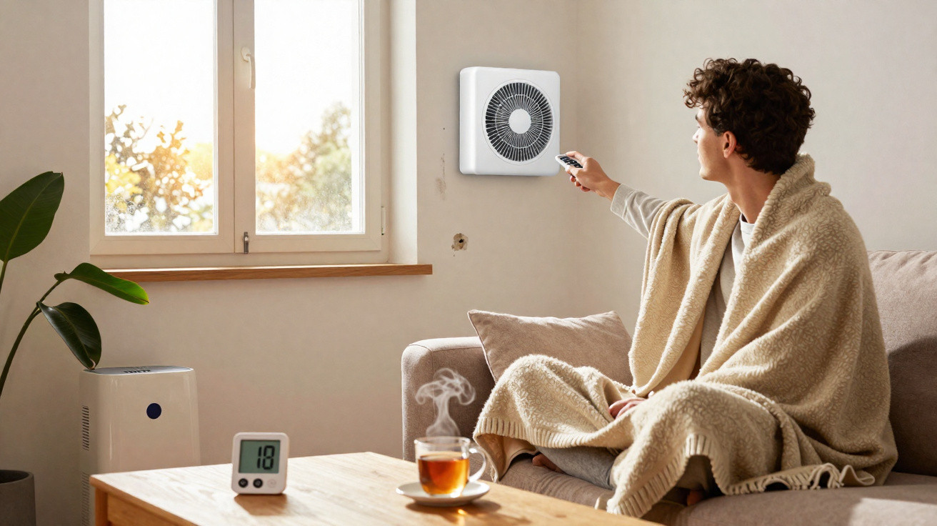 Junger Mann auf Sofa mit Decke steuert Wandventilator per Fernbedienung bei Sonnenlicht im Wohnzimmer.