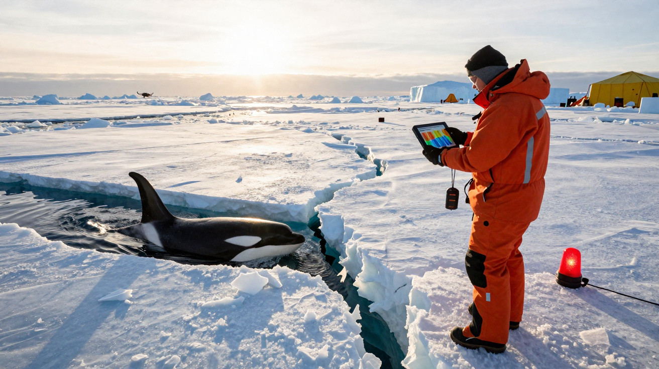 Forscher in orangefarbener Schutzkleidung dokumentiert eine Orca im Eis des Polargebiets.