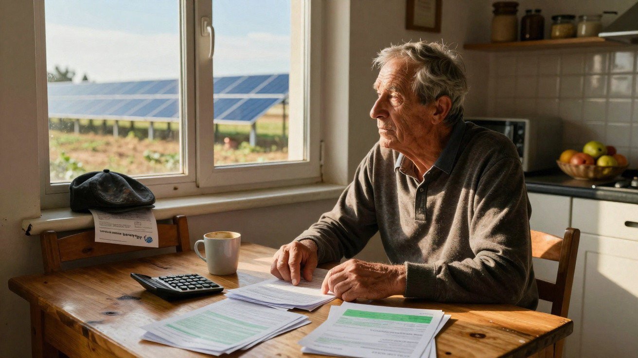 Älterer Mann sitzt am Holztisch mit Papieren und Taschenrechner, blickt zum Fenster mit Solarpanel-Aussicht.