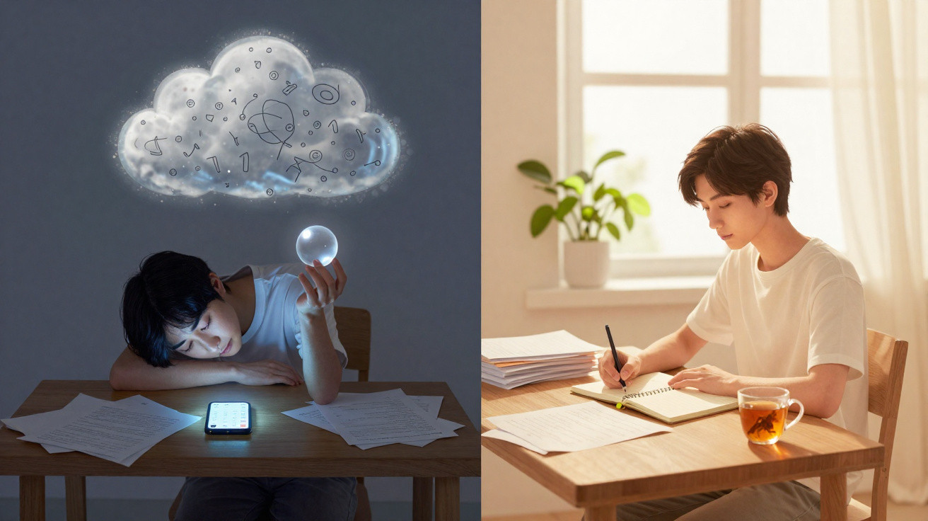 Links Junge bei Nacht mit leuchtendem Smartphone und Wolke mit Symbolen, rechts Junge bei Tag schreibend am Tisch.