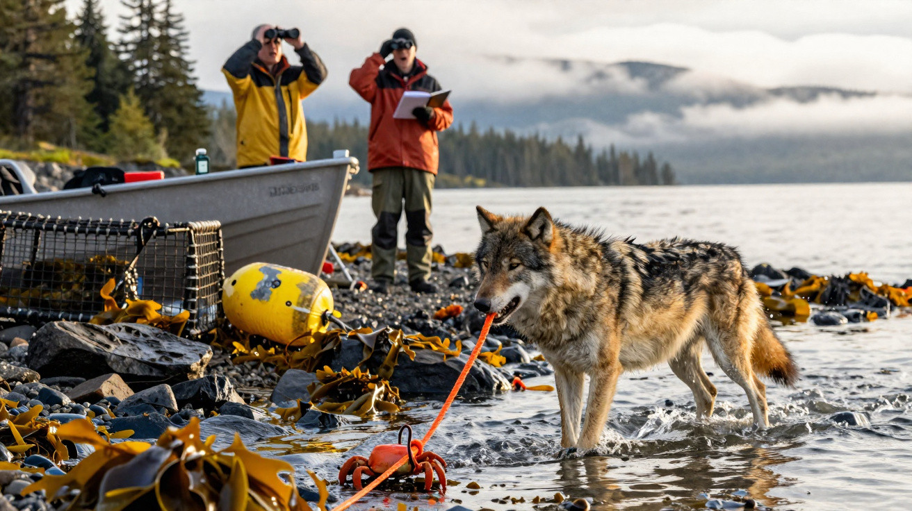 Wolf steht im Wasser und zieht eine Leine, im Hintergrund beobachten zwei Personen im Boot die Szene mit Fernglas.