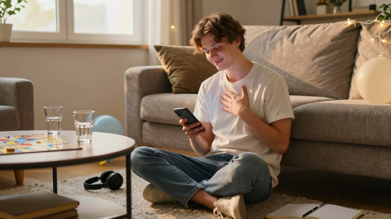 Junger Mann sitzt entspannt auf dem Boden und lächelt beim Blick auf sein Smartphone im Wohnzimmer.