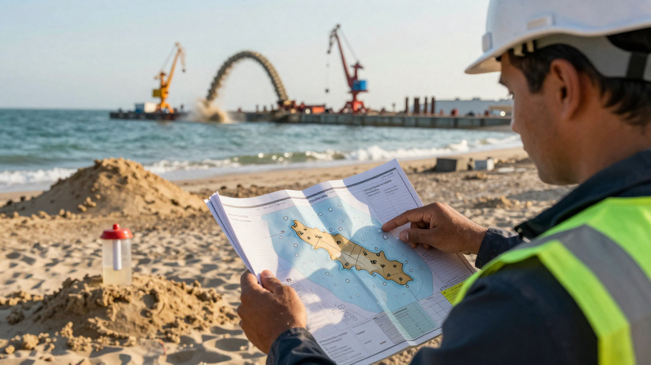 Bauarbeiter mit Helm liest Karte am Strand, im Hintergrund Sandaufspülung und Bagger im Meer.