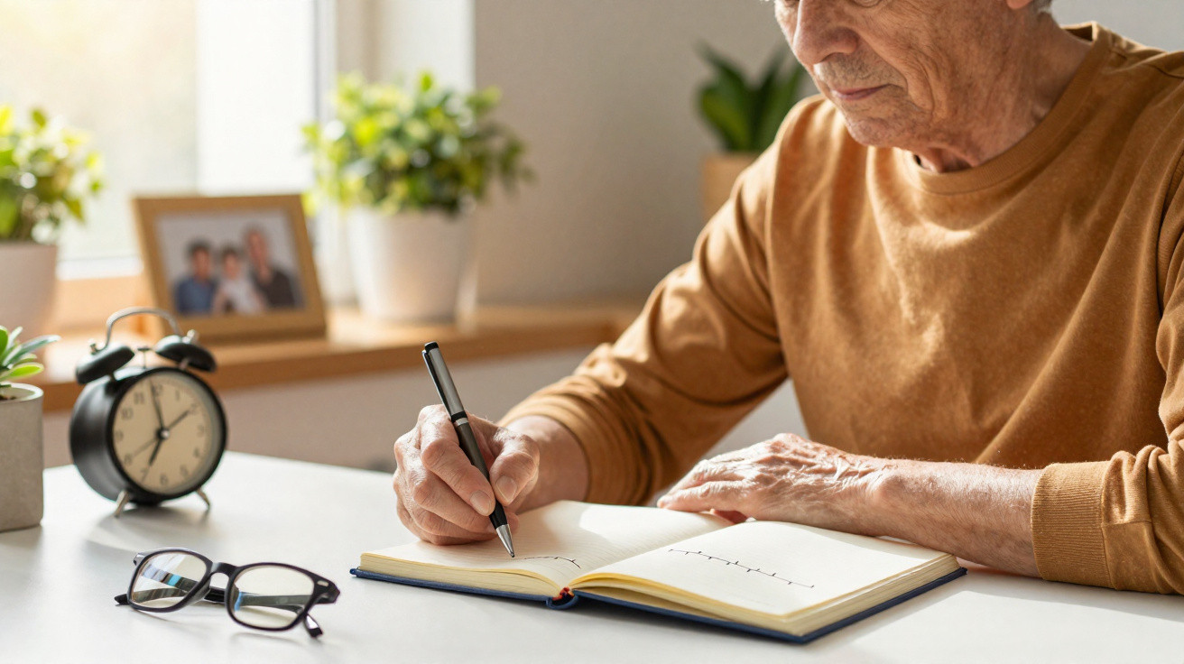 Älterer Mann schreibt in einem Notizbuch am hellen Schreibtisch mit Brille und Wecker im Hintergrund.