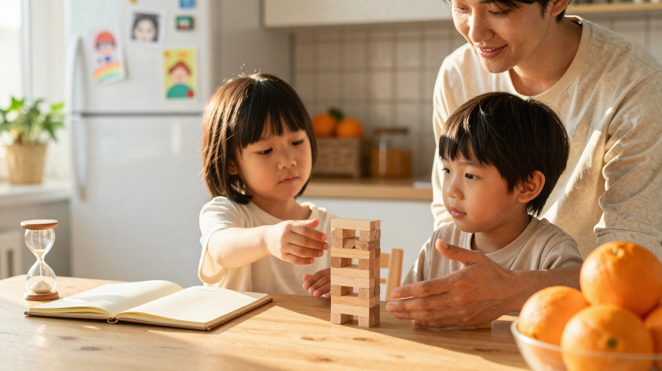 Erwachsener spielt mit zwei Kindern ein Holzklotz-Stapelspiel am Tisch in der Küche.
