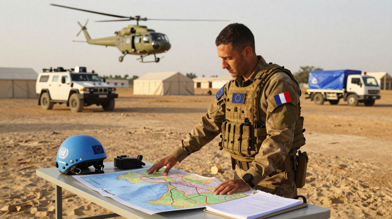 Französischer Soldat mit EU-Abzeichen prüft Karte bei Feldlager mit Hubschrauber und Fahrzeugen im Hintergrund.