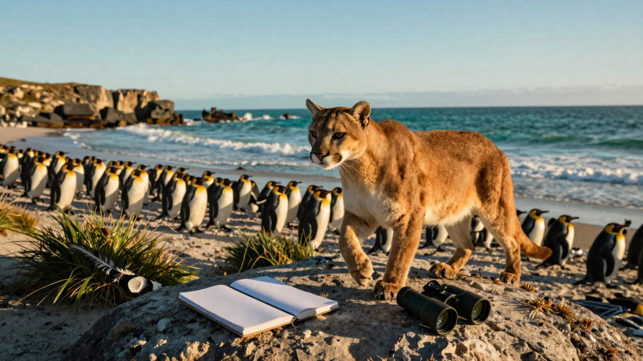 Puma läuft am Strand vorbei an einer Gruppe von Pinguinen, neben Fernglas und offenem Notizbuch auf einem Felsen.