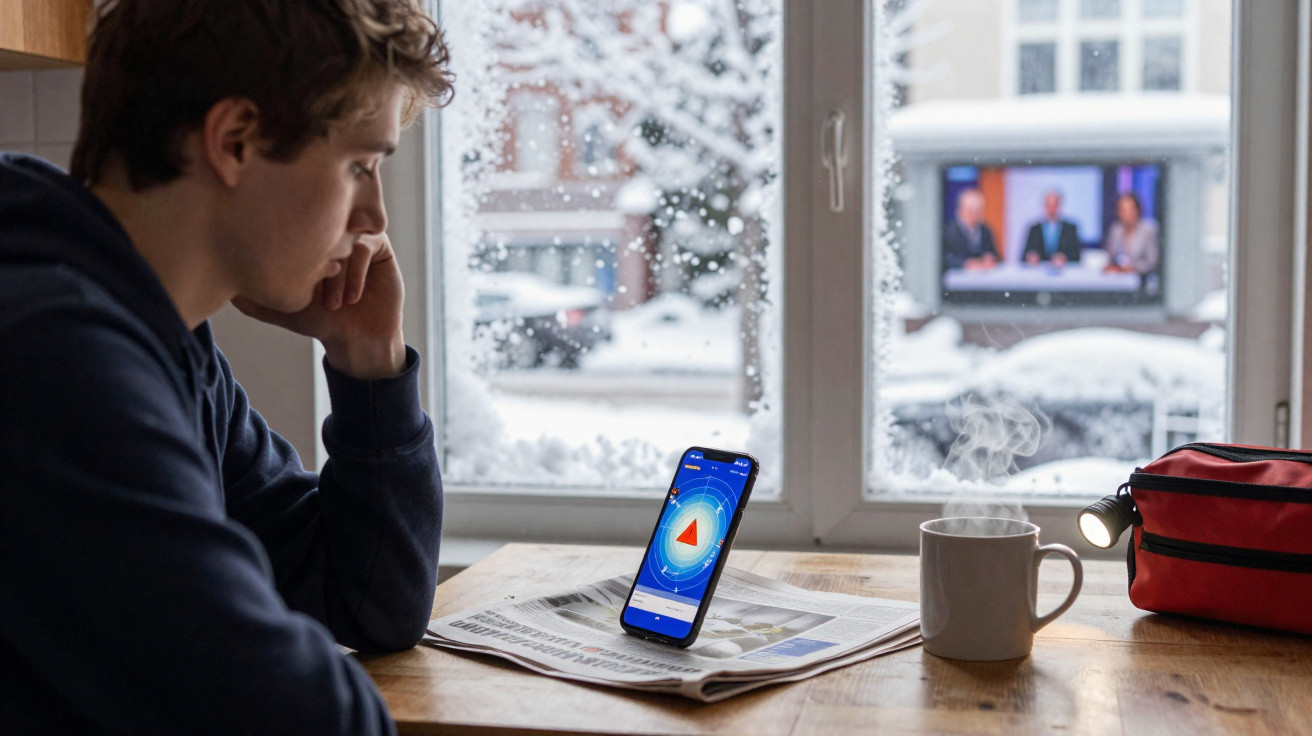 Junger Mann blickt auf Handy mit Wetter-App bei Schnee draußen, dampfende Tasse und Taschenlampe auf Tisch.