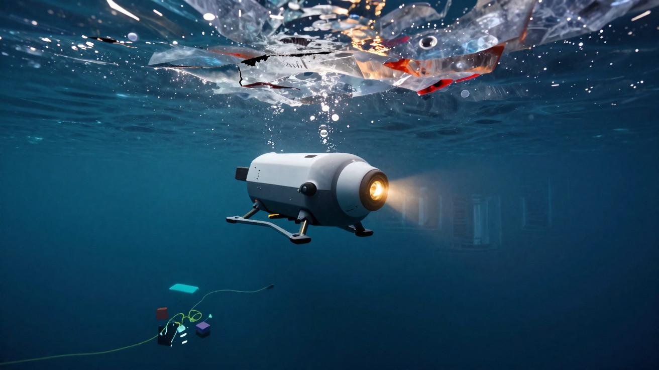 Unterwasserroboter mit Lichtstrahl erforscht Meeresumgebung nahe schwimmendem Plastikmüll.