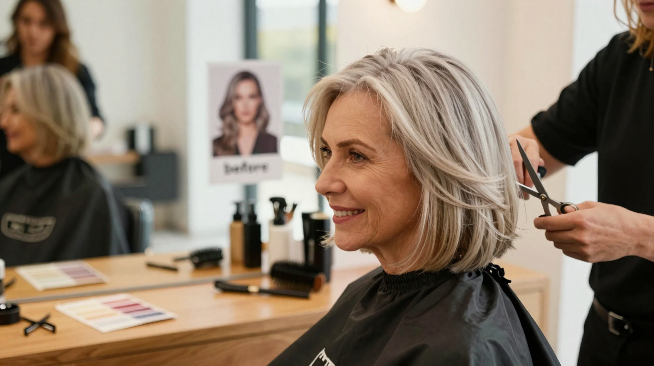 Ältere Frau mit kurzen grauen Haaren lächelt beim Haarschnitt im Friseursalon, Frisörschere im Einsatz.