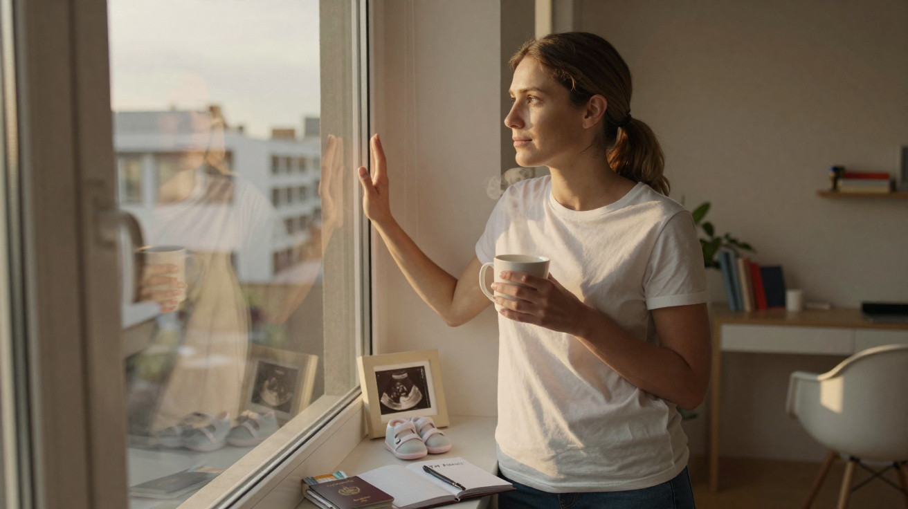 Frau mit Tasse schaut nachdenklich aus dem Fenster in einem gemütlichen, hellen Wohnzimmer.