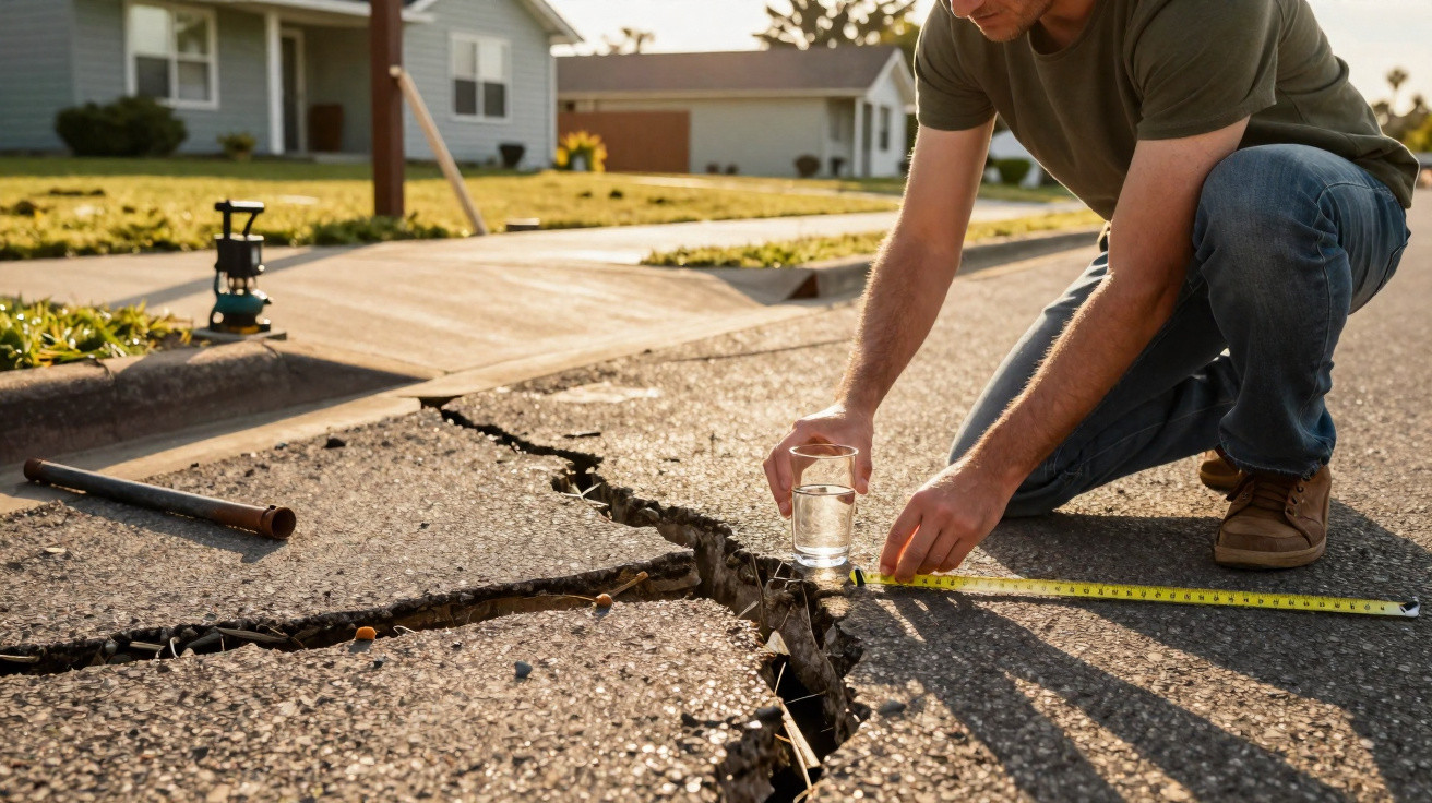 Mann misst einen großen Riss im Asphalt einer Straße vor einem Wohnhaus bei Sonnenuntergang.